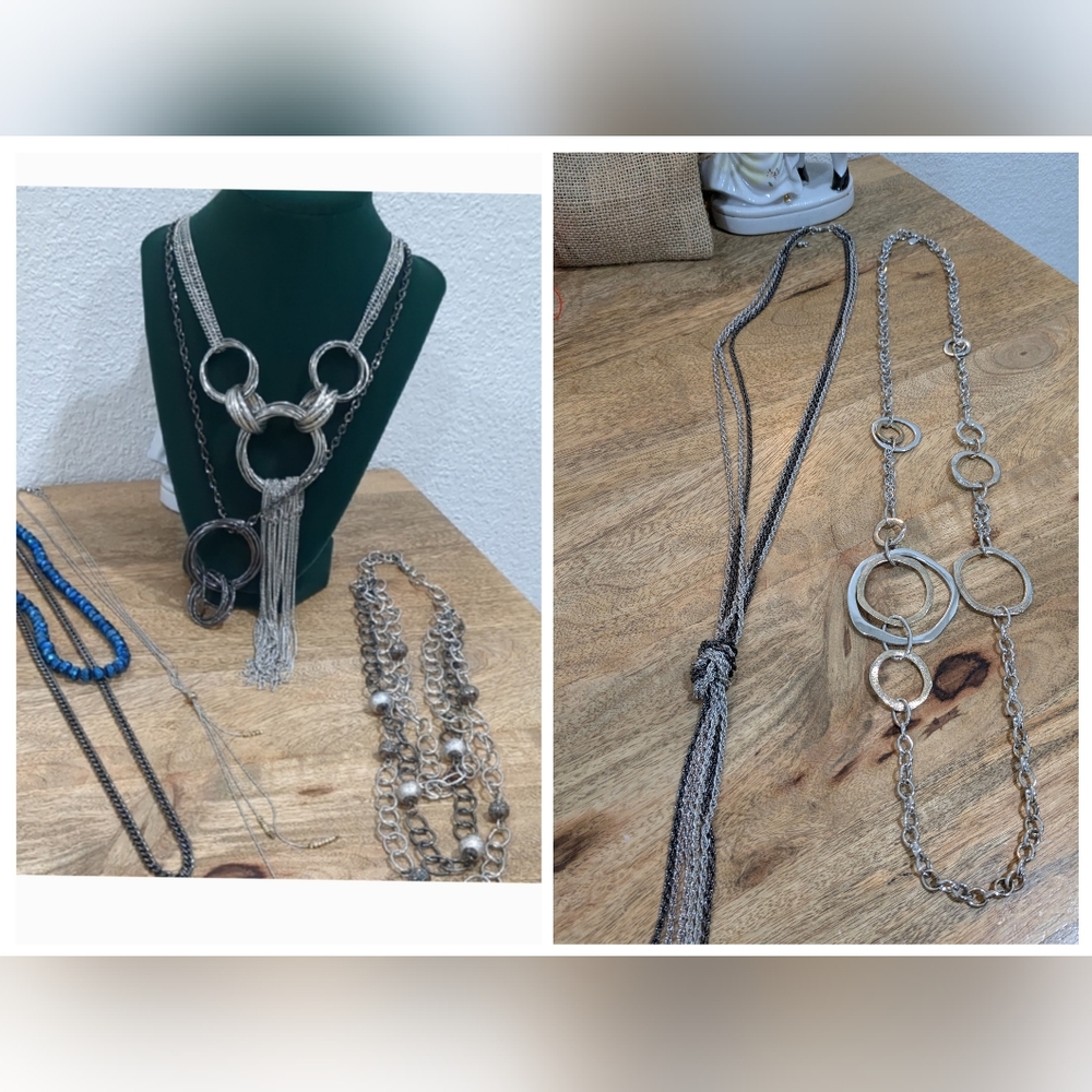 BUNDLE of 7 Long Necklaces In Gunmetal And Silver Tones